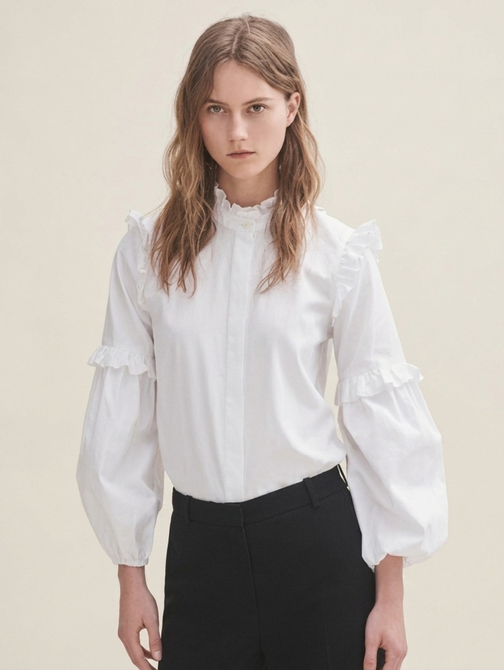 Maje BIANCO Loutan Balloon-Sleeve Poplin shirt with frills Size 1